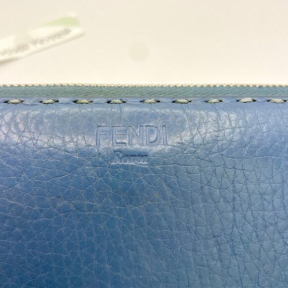 Fendi Romano Selleria Zip Around Wallet Continental Blue Calfskin Thick Stitches - Picture 2 of 15